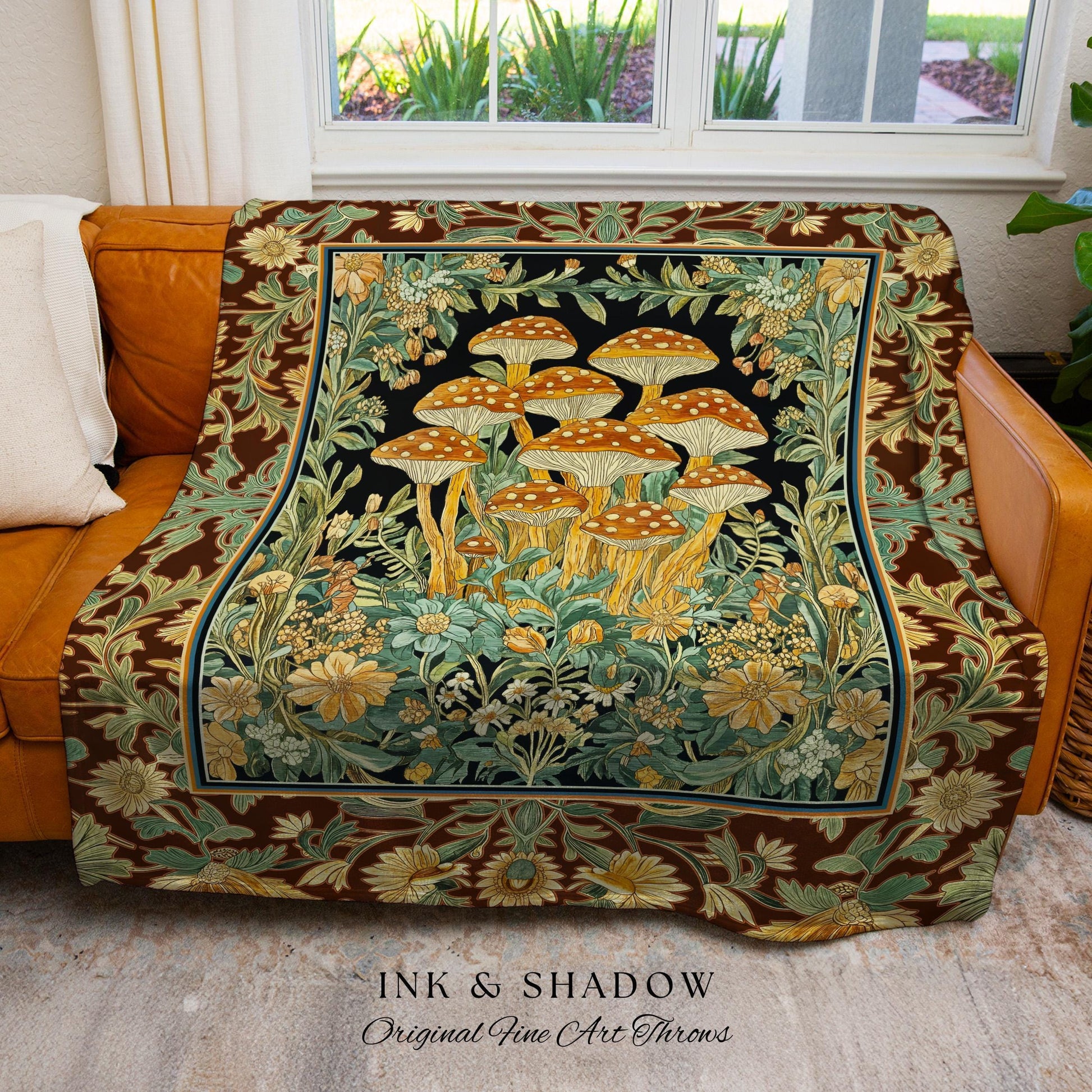 Witchy Mushroom Forest Throw Blanket | Ethereal Fungi Tapestry, Earth Tone Cottagecore Decor