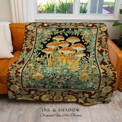 Witchy Mushroom Forest Throw Blanket | Ethereal Fungi Tapestry, Earth Tone Cottagecore Decor