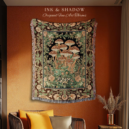 Witchy Mushroom Forest Throw Blanket | Ethereal Fungi Tapestry, Earth Tone Cottagecore Decor