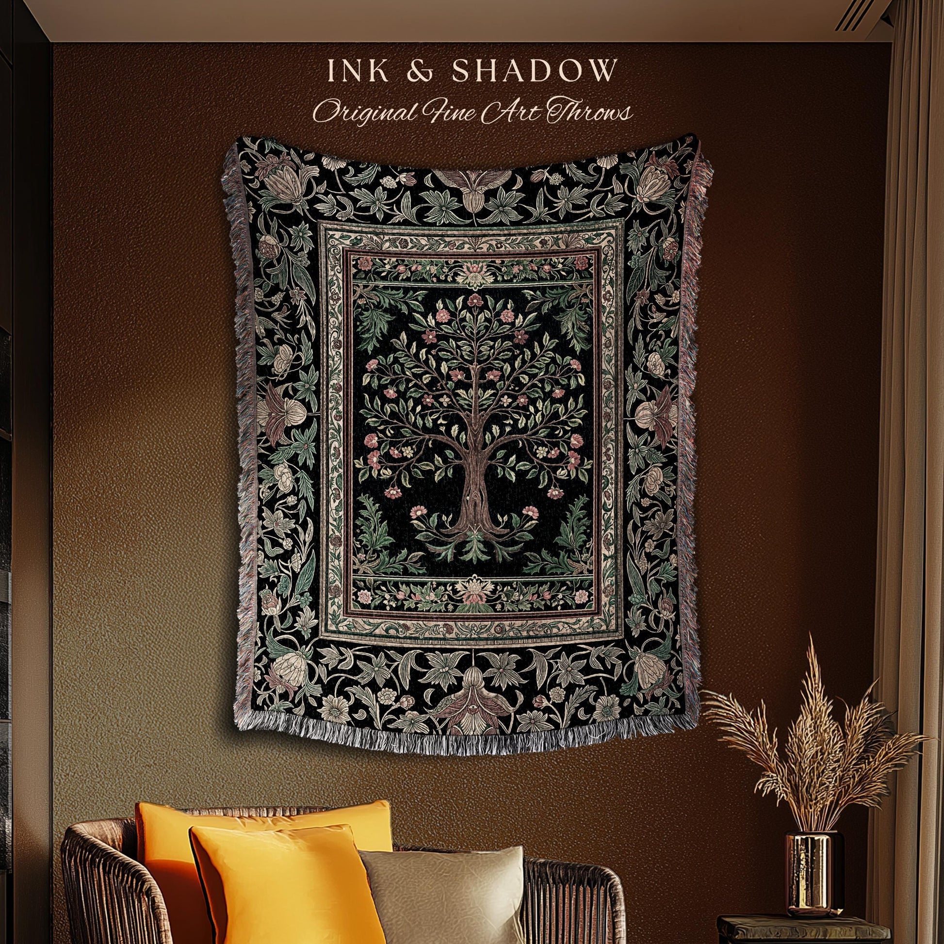 Medieval Folk Art Dark Floral Tapestry Tree Blanket Jacquard Woven Coverlet