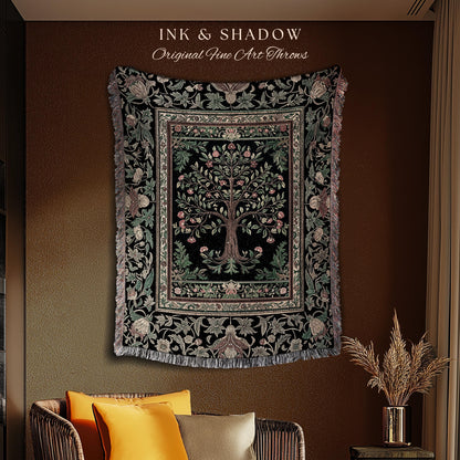Medieval Folk Art Dark Floral Tapestry Tree Blanket Jacquard Woven Coverlet