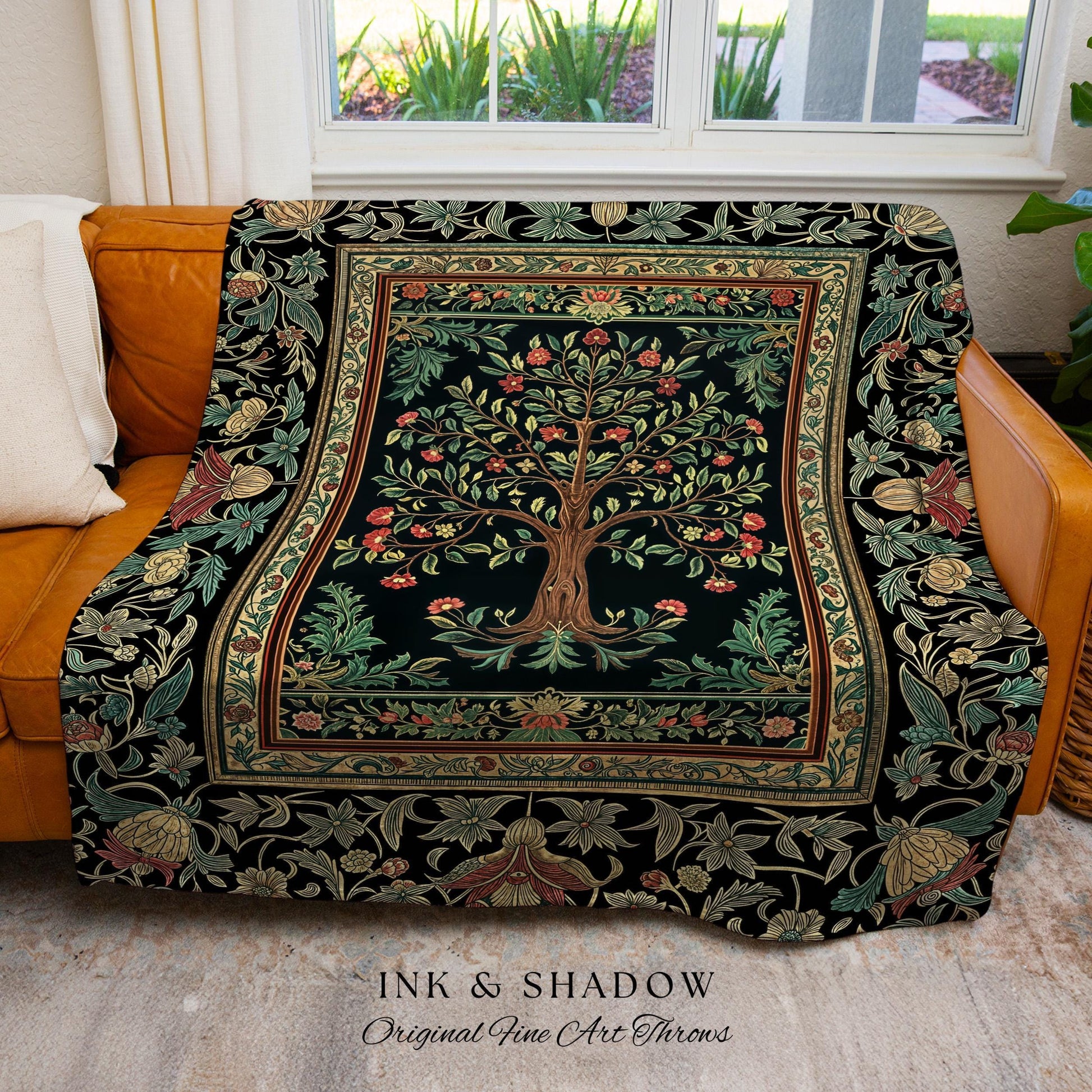 Medieval Folk Art Dark Floral Tapestry Tree Blanket Jacquard Woven Coverlet