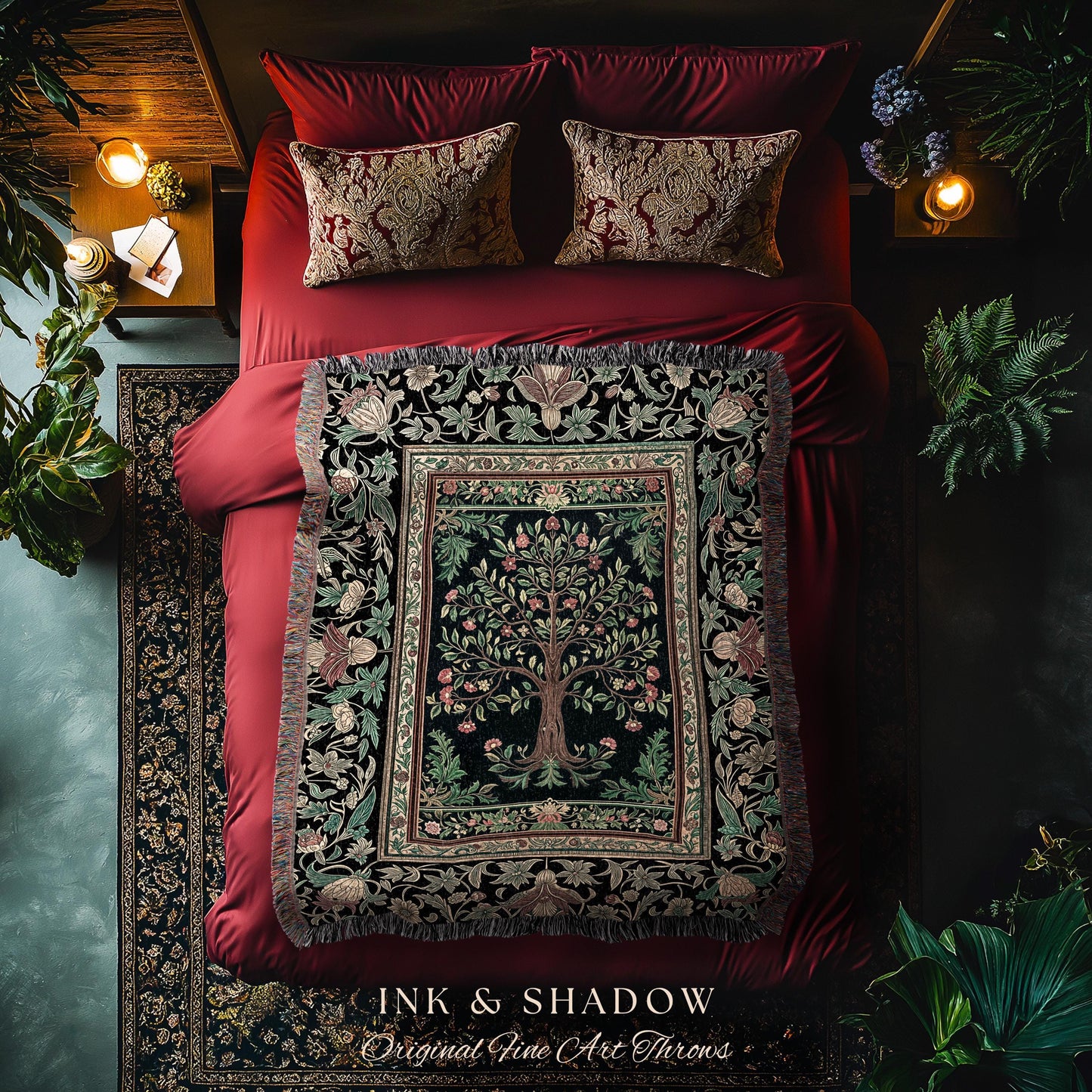 Medieval Folk Art Dark Floral Tapestry Tree Blanket Jacquard Woven Coverlet