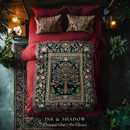 Medieval Folk Art Dark Floral Tapestry Tree Blanket Jacquard Woven Coverlet