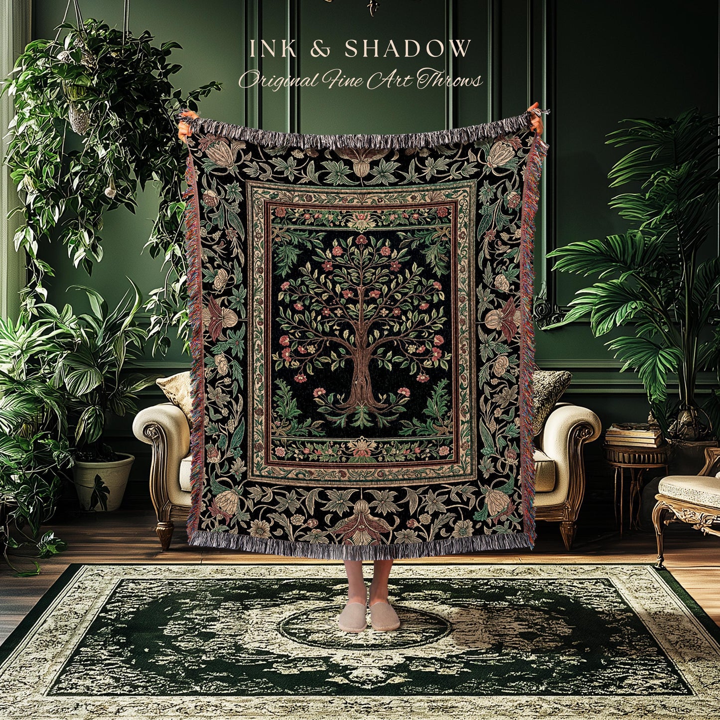 Medieval Folk Art Dark Floral Tapestry Tree Blanket Jacquard Woven Coverlet