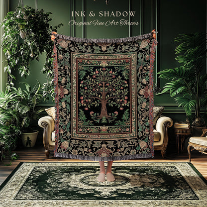 Medieval Folk Art Dark Floral Tapestry Tree Blanket Jacquard Woven Coverlet
