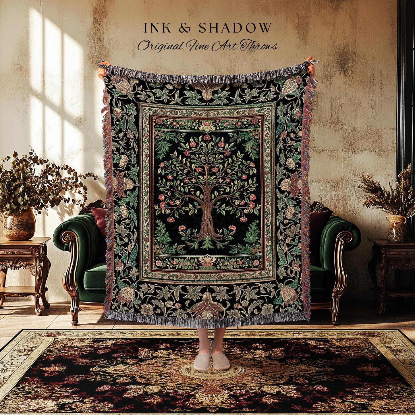 Medieval Folk Art Dark Floral Tapestry Tree Blanket Jacquard Woven Coverlet