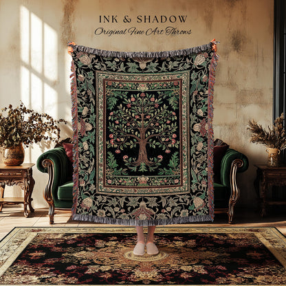 Medieval Folk Art Dark Floral Tapestry Tree Blanket Jacquard Woven Coverlet