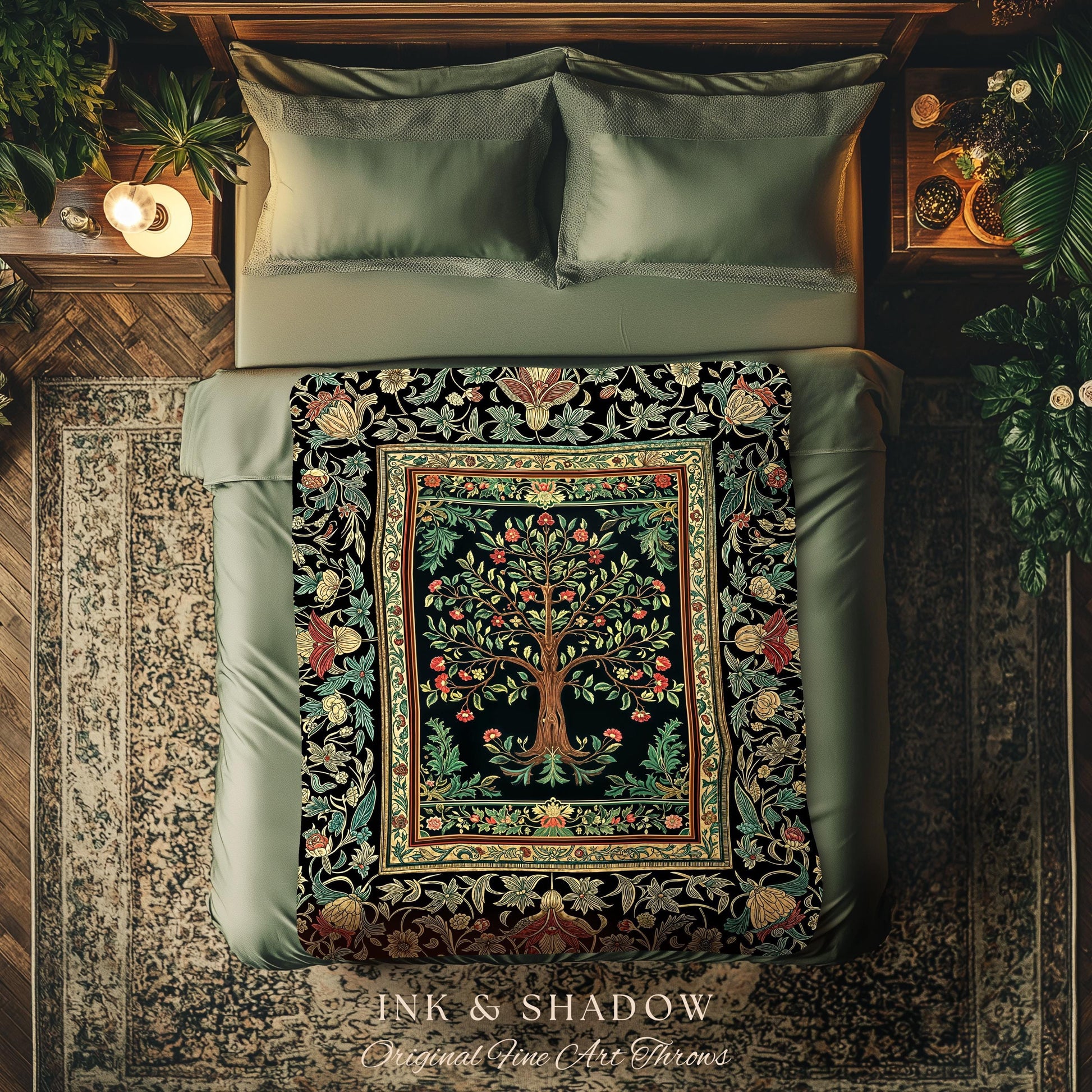 Medieval Folk Art Dark Floral Tapestry Tree Blanket Jacquard Woven Coverlet