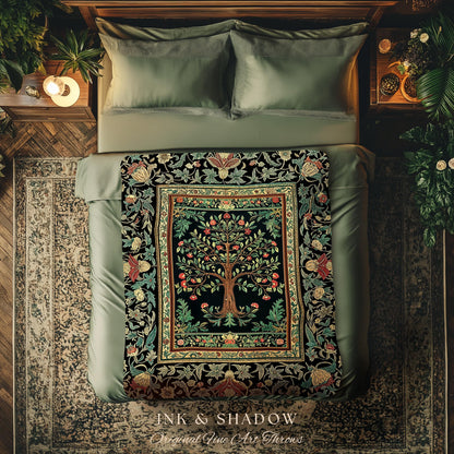 Medieval Folk Art Dark Floral Tapestry Tree Blanket Jacquard Woven Coverlet
