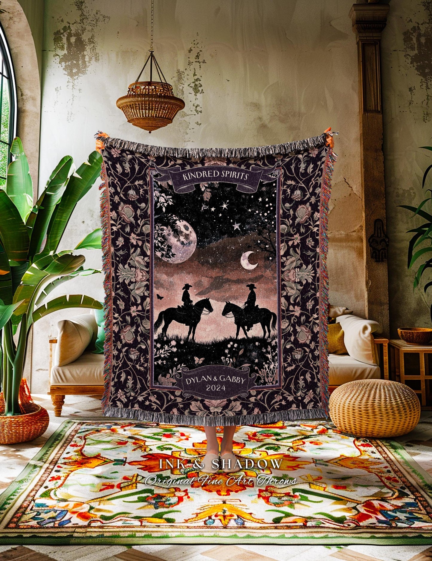 Romantic Moonlit Couple Western Whimsy Anniversary Tapestry Throw | Celestial Cowboy Cowgirl Midnight Silhouette Art Wedding Woven Blanket