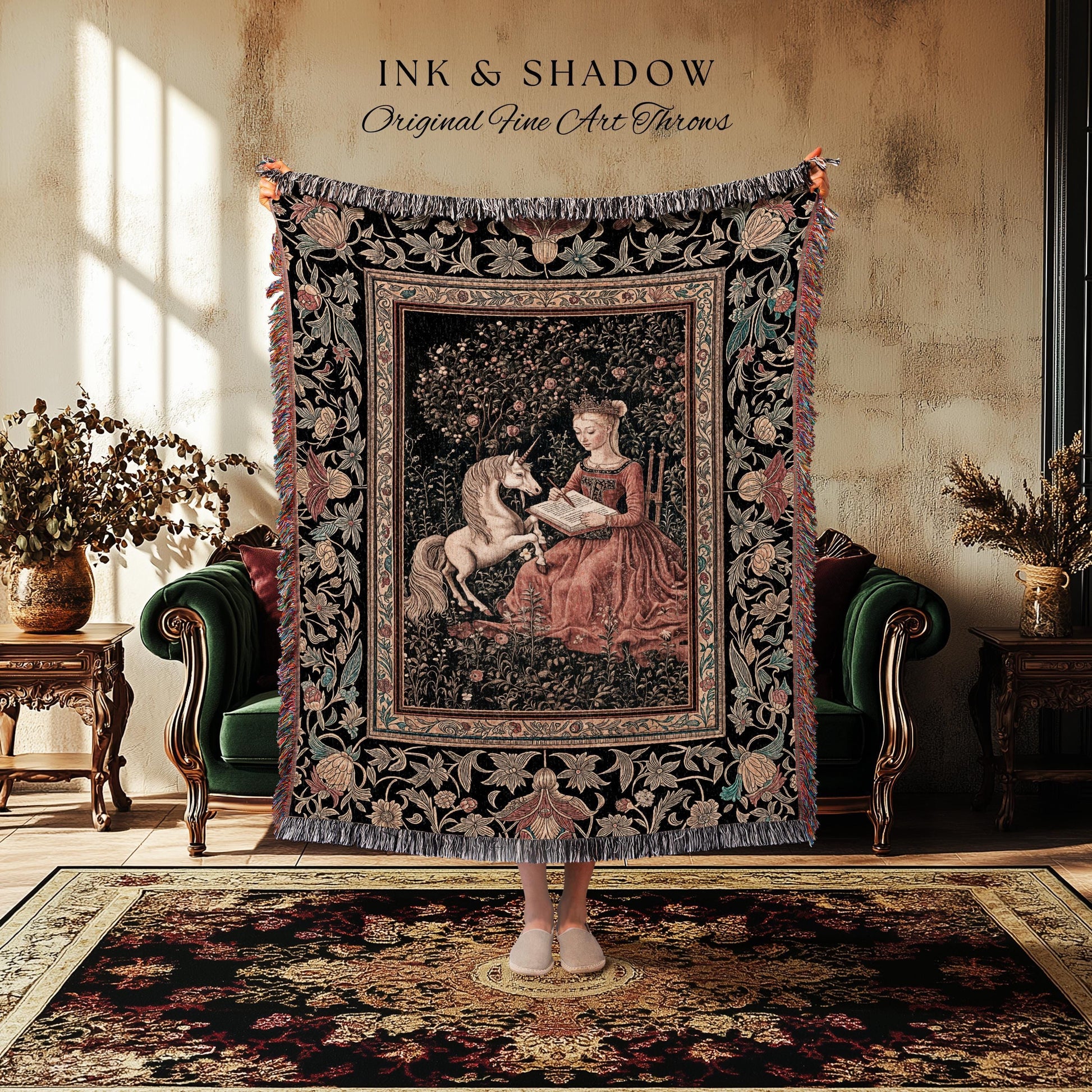 Victorian Storybook Floral Woven Blanket | Mystical Renaissance Fairytale Wall Tapestry Dark Cottagecore Ethereal Bedroom Royalcore Decor |