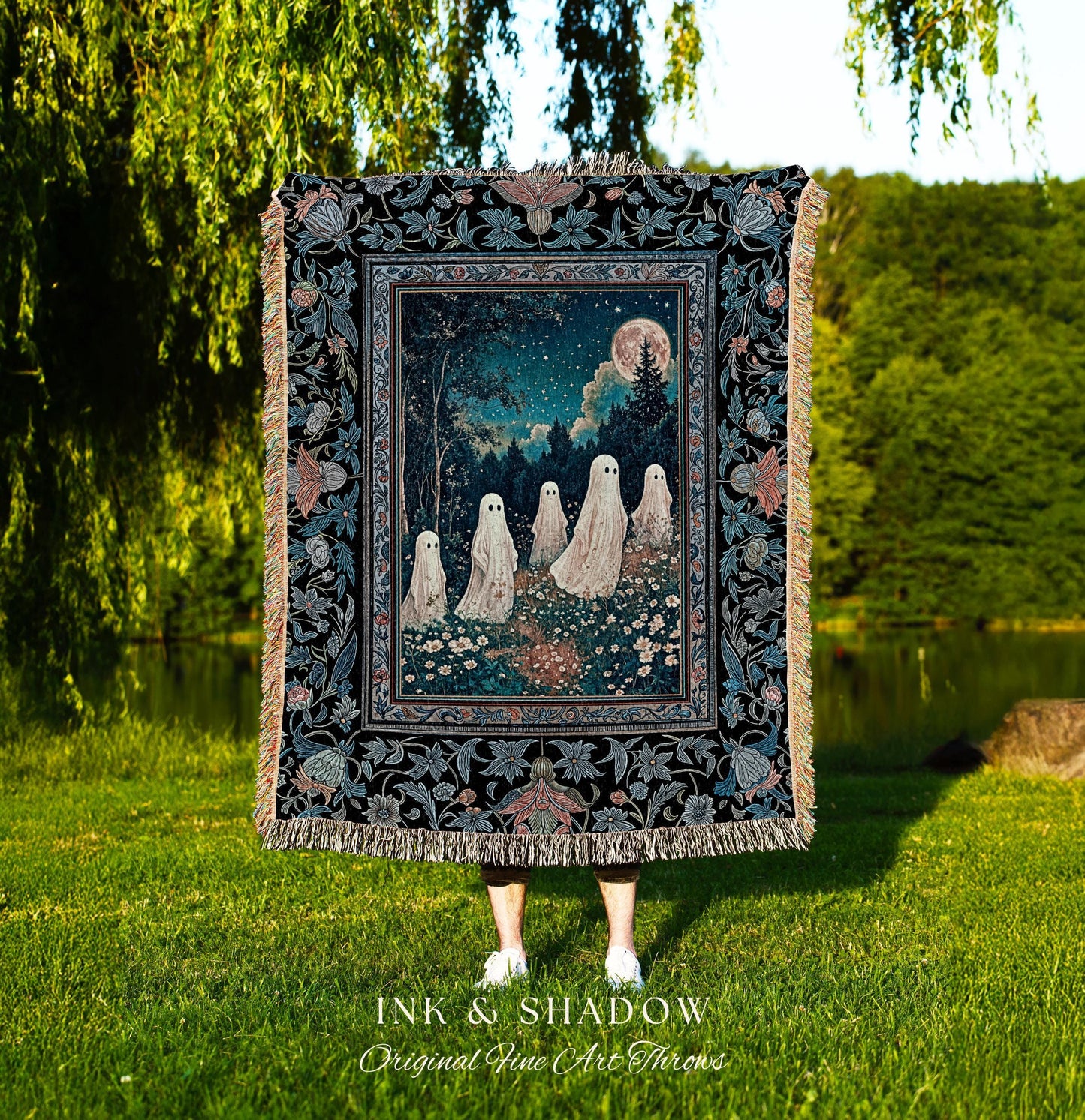 Dark Forest Spirits Ethereal Blanket | Whimsigothic Woven Tapestry Halloween Decor Floral Gothic Maximalist Mystic Cottagecore Home Accent |