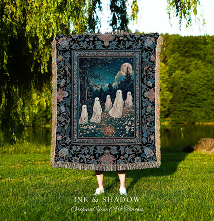 Dark Forest Spirits Ethereal Blanket | Whimsigothic Woven Tapestry Halloween Decor Floral Gothic Maximalist Mystic Cottagecore Home Accent |