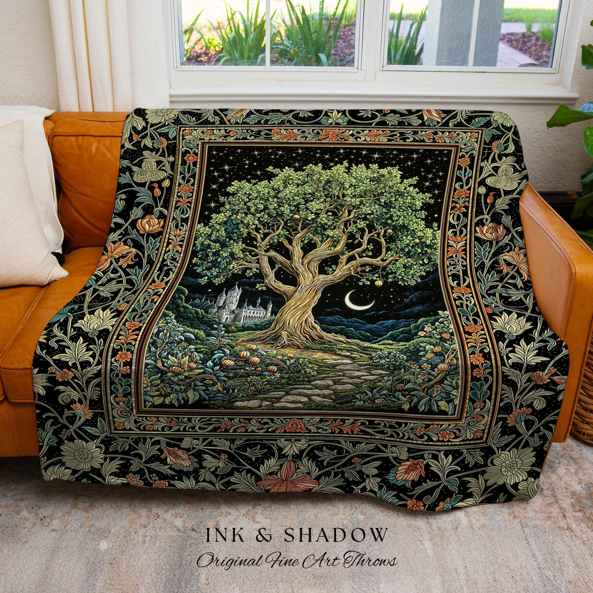 Fairytale Castle Tree of Life Throw Blanket | Celestial Forest Landscape Starry Sky Witchy Aesthetic Mystical Cottagecore Woven Tapestry |
