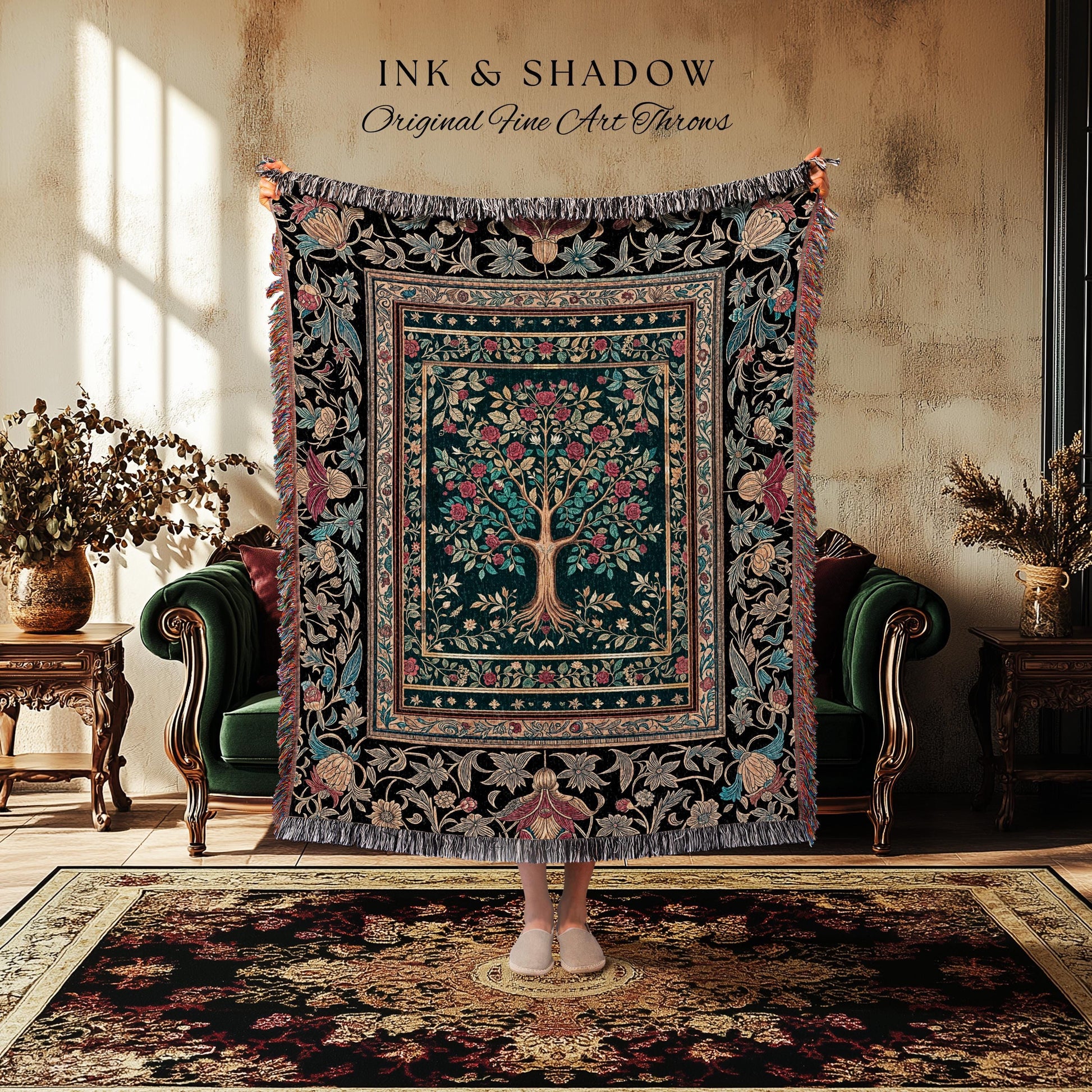 Blooming Roses Romantic Rococo Woven Throw Tree Blanket Jacquard Tapestry