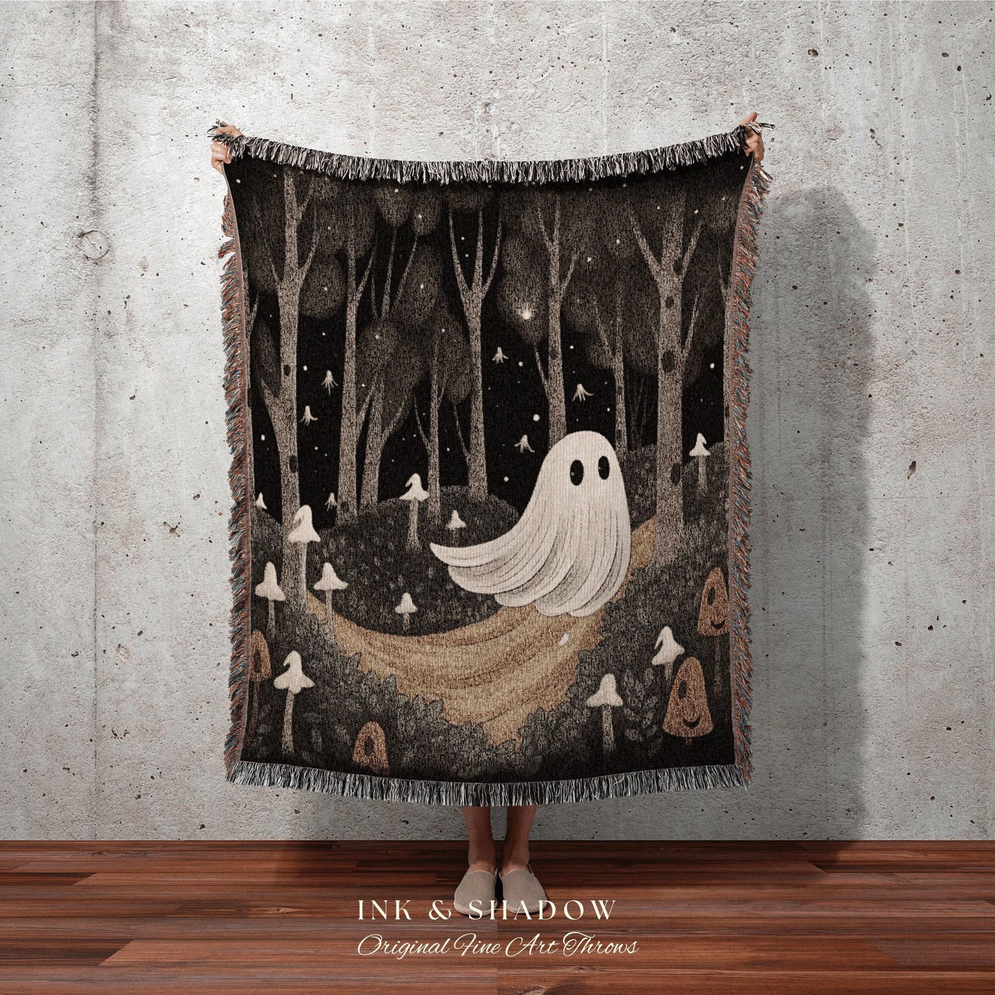 Woodland Mushroom Blanket Woven | Dark Cottagecore Room Decor Whimsical Wall Art Woodland Ghost Painting Mushroom Wall Art Whimsigoth Decor
