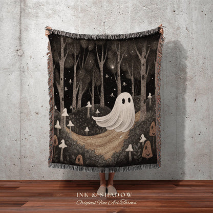 Woodland Mushroom Blanket Woven | Dark Cottagecore Room Decor Whimsical Wall Art Woodland Ghost Painting Mushroom Wall Art Whimsigoth Decor