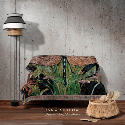 Dragonfly Blanket Whimsical Throw | Dragon Fly Woven Tapestry Fairycore Gift for Her Stained Glass Aesthetic Woodland Gothic Room Decor |