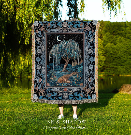 Crescent Moon Medieval Forest Blanket | Weeping Willow Tree Fairytale Castle Garden Folklore Decor Celestial Woven Tapestry Witchcore Throw