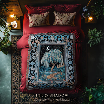 Crescent Moon Medieval Forest Blanket | Weeping Willow Tree Fairytale Castle Garden Folklore Decor Celestial Woven Tapestry Witchcore Throw