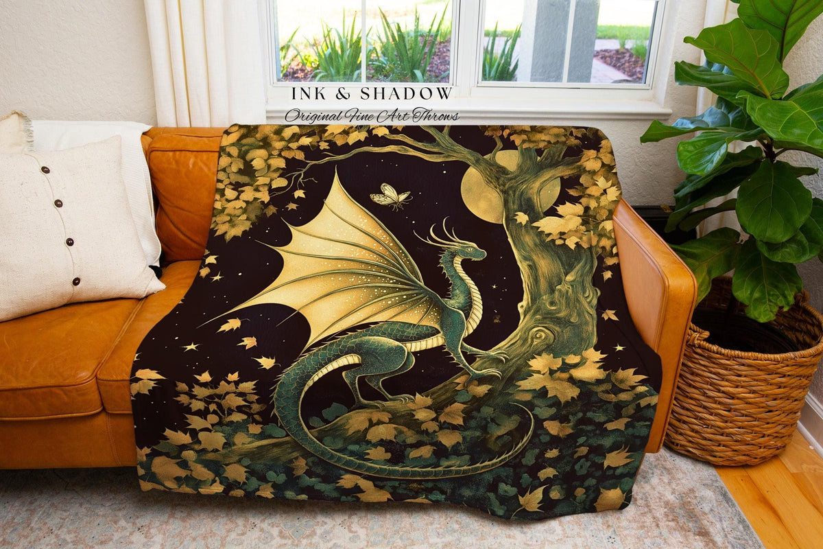 Gilded Hygge Antique Mystical Dragon Blanket Moonlit Forest Fantasy Art Throw | Vintage Celestial Romantic Baroque Woodland Gothic Tapestry