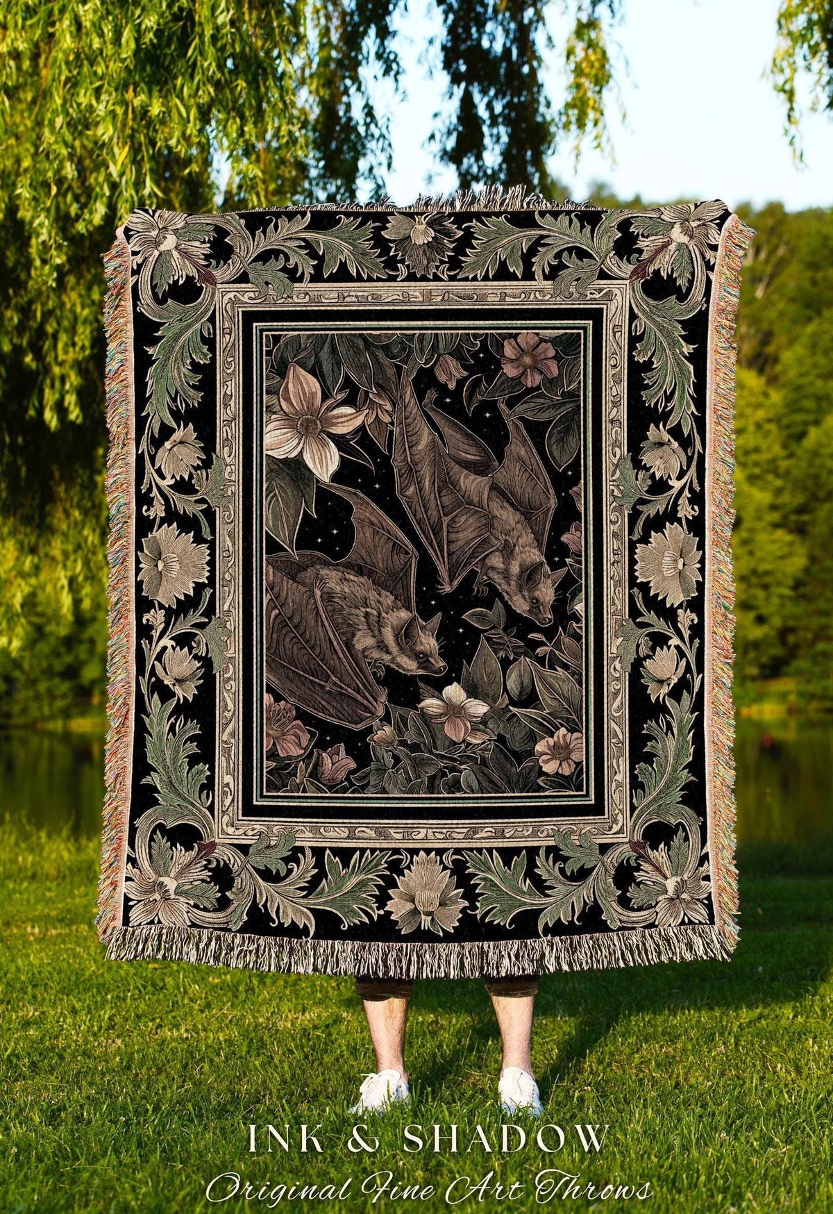 Goblincore Bat Lovers Tapestry Blanket Gothic Cottagecore | Dark Woodland Art Ethereal Botanical Woven Throw Mystic Moody Forest Home Decor