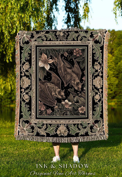 Goblincore Bat Lovers Tapestry Blanket Gothic Cottagecore | Dark Woodland Art Ethereal Botanical Woven Throw Mystic Moody Forest Home Decor