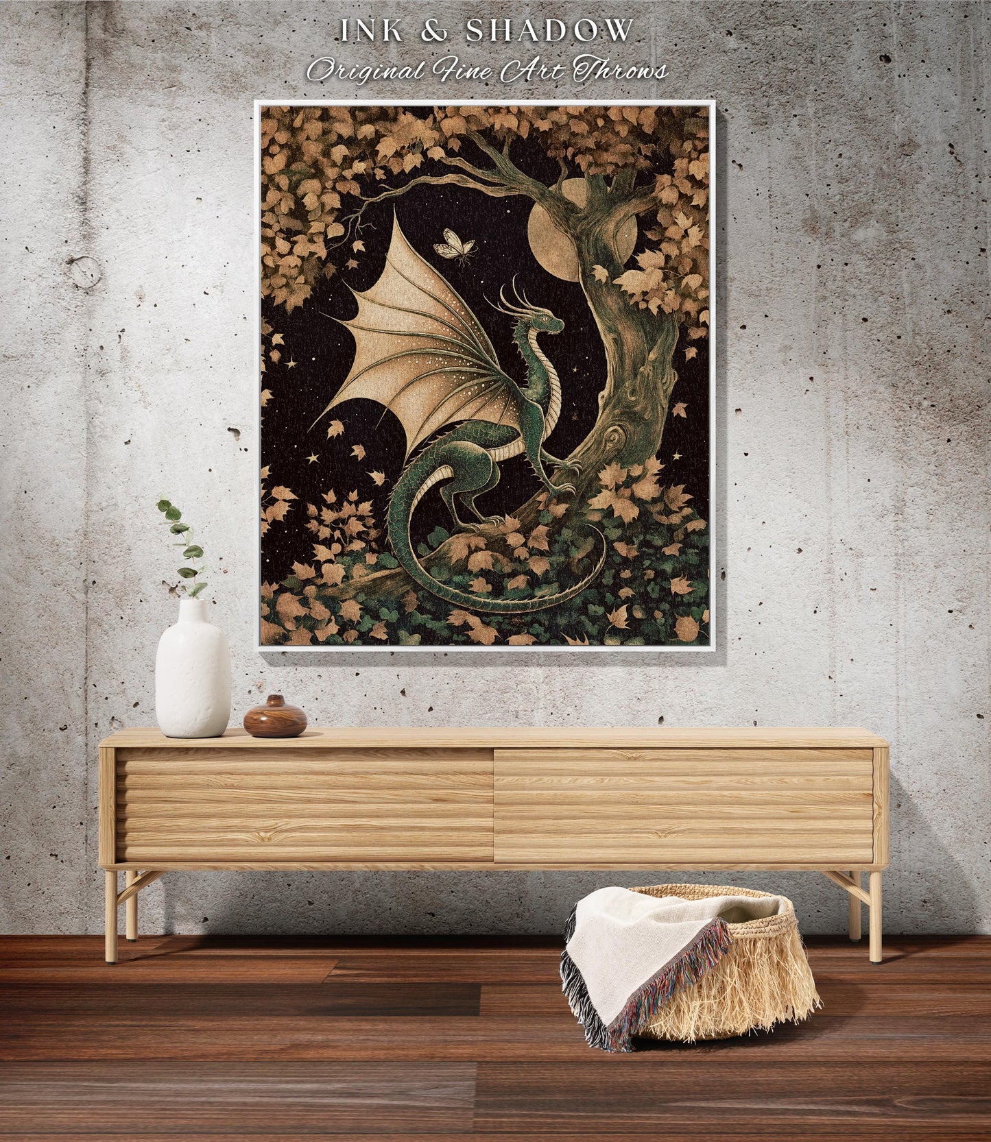 Gilded Hygge Antique Mystical Dragon Blanket Moonlit Forest Fantasy Art Throw | Vintage Celestial Romantic Baroque Woodland Gothic Tapestry