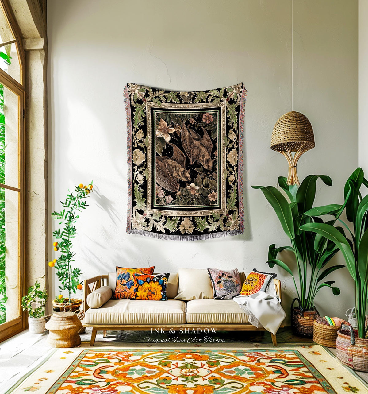 Goblincore Bat Lovers Tapestry Blanket Gothic Cottagecore | Dark Woodland Art Ethereal Botanical Woven Throw Mystic Moody Forest Home Decor