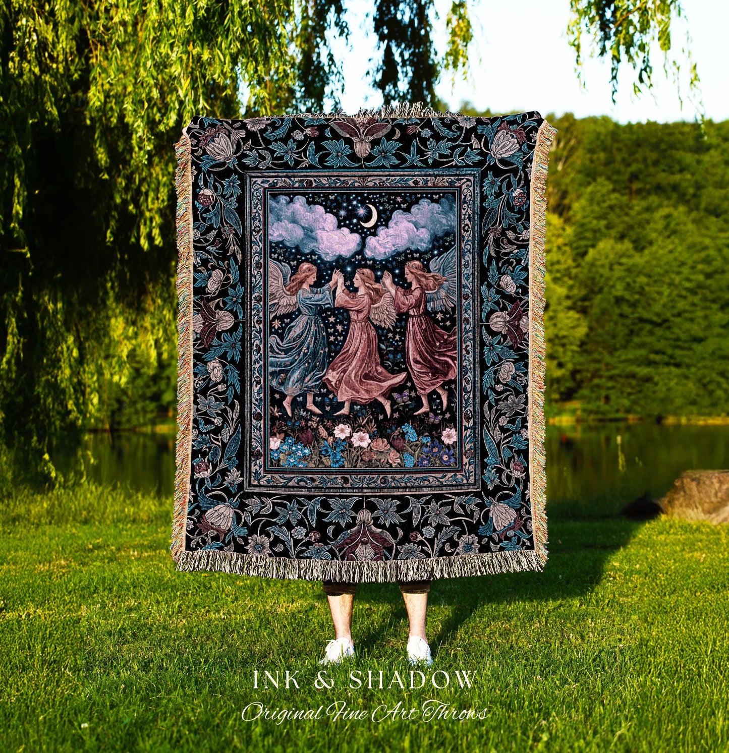 Celestial Angel Fairies Woven Throw | Witchy Fairycore Dreamy Aesthetic Woodland Folklore Wall Tapestry Mystic Cottagecore Fairies Ethereal