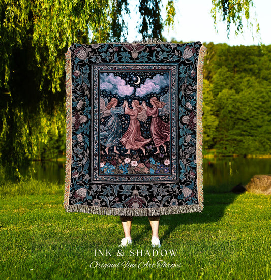 Celestial Angel Fairies Woven Throw | Witchy Fairycore Dreamy Aesthetic Woodland Folklore Wall Tapestry Mystic Cottagecore Fairies Ethereal