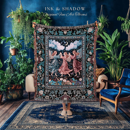 Celestial Angel Fairies Woven Throw | Witchy Fairycore Dreamy Aesthetic Woodland Folklore Wall Tapestry Mystic Cottagecore Fairies Ethereal