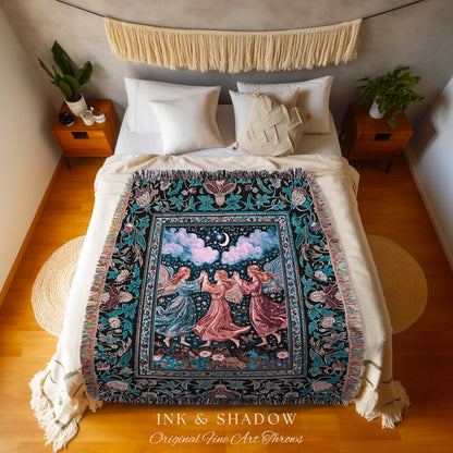 Celestial Angel Fairies Woven Throw | Witchy Fairycore Dreamy Aesthetic Woodland Folklore Wall Tapestry Mystic Cottagecore Fairies Ethereal