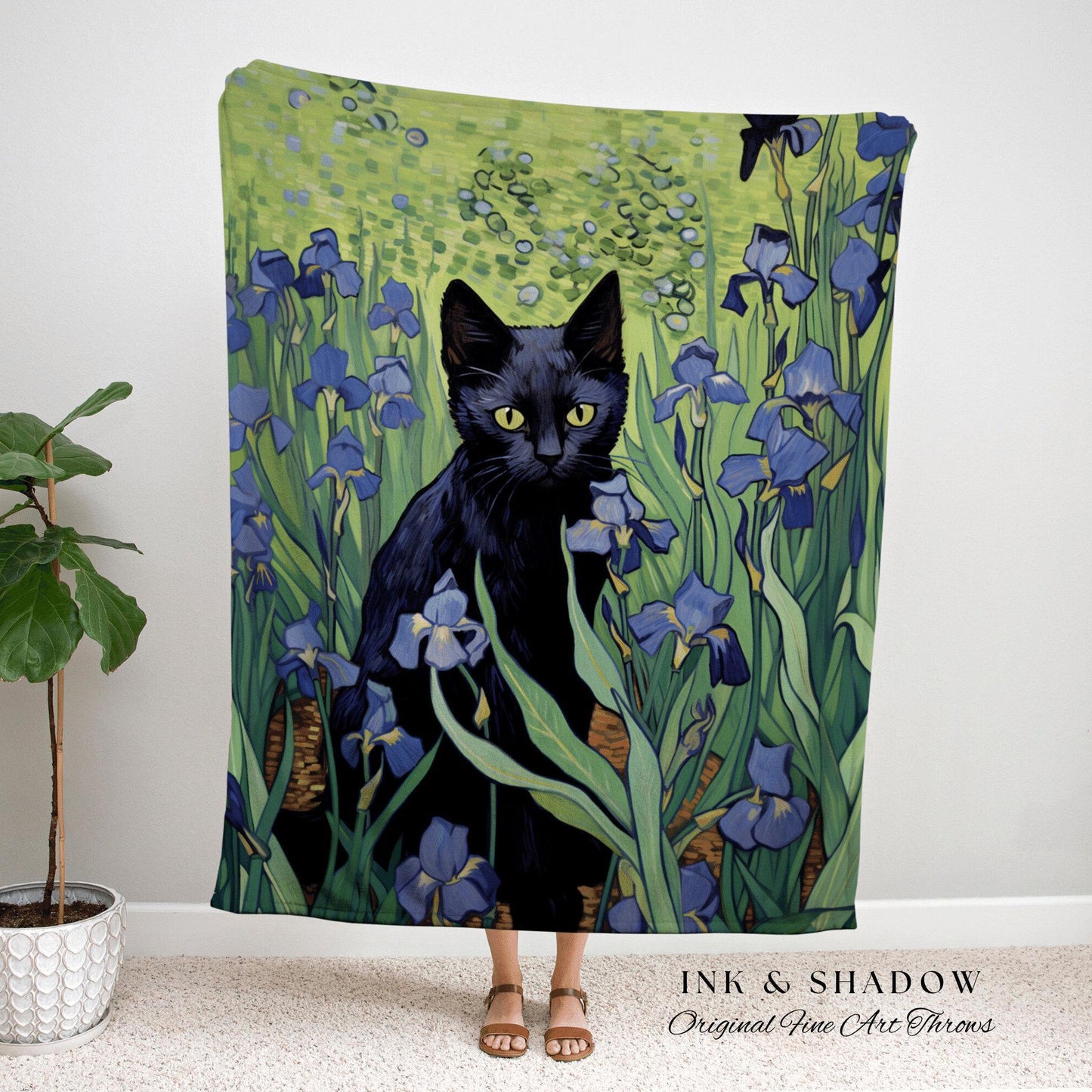 Art Blanket Vincent Van Gogh Irises Painting Black Cat | Funny Tapestry Van Gogh Inspired Throw Blanket Woven Wall Art Cat Decor Eclectic |
