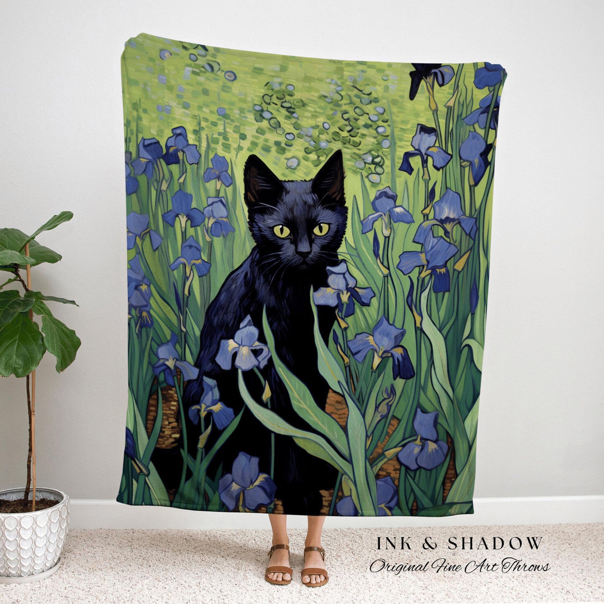 Art Blanket Vincent Van Gogh Irises Painting Black Cat | Funny Tapestry Van Gogh Inspired Throw Blanket Woven Wall Art Cat Decor Eclectic |