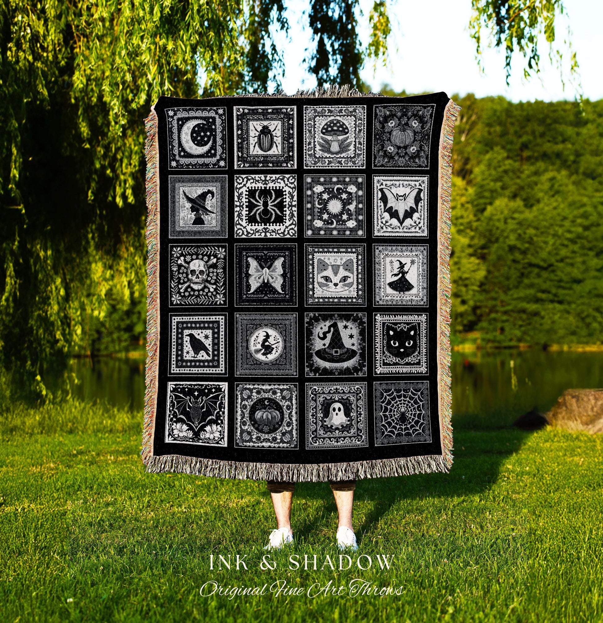 Macabre Witchy Woodland Gothic Woven Throw | Cozy Halloween Checkered Patchwork Tapestry Blanket Spooky Greyscale Mystical Witchcore Decor