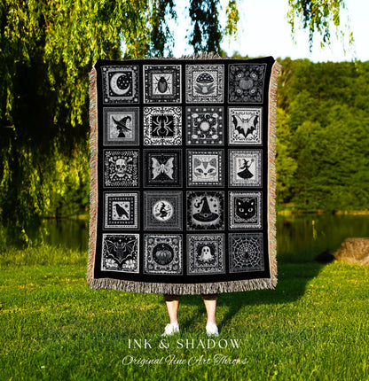 Macabre Witchy Woodland Gothic Woven Throw | Cozy Halloween Checkered Patchwork Tapestry Blanket Spooky Greyscale Mystical Witchcore Decor