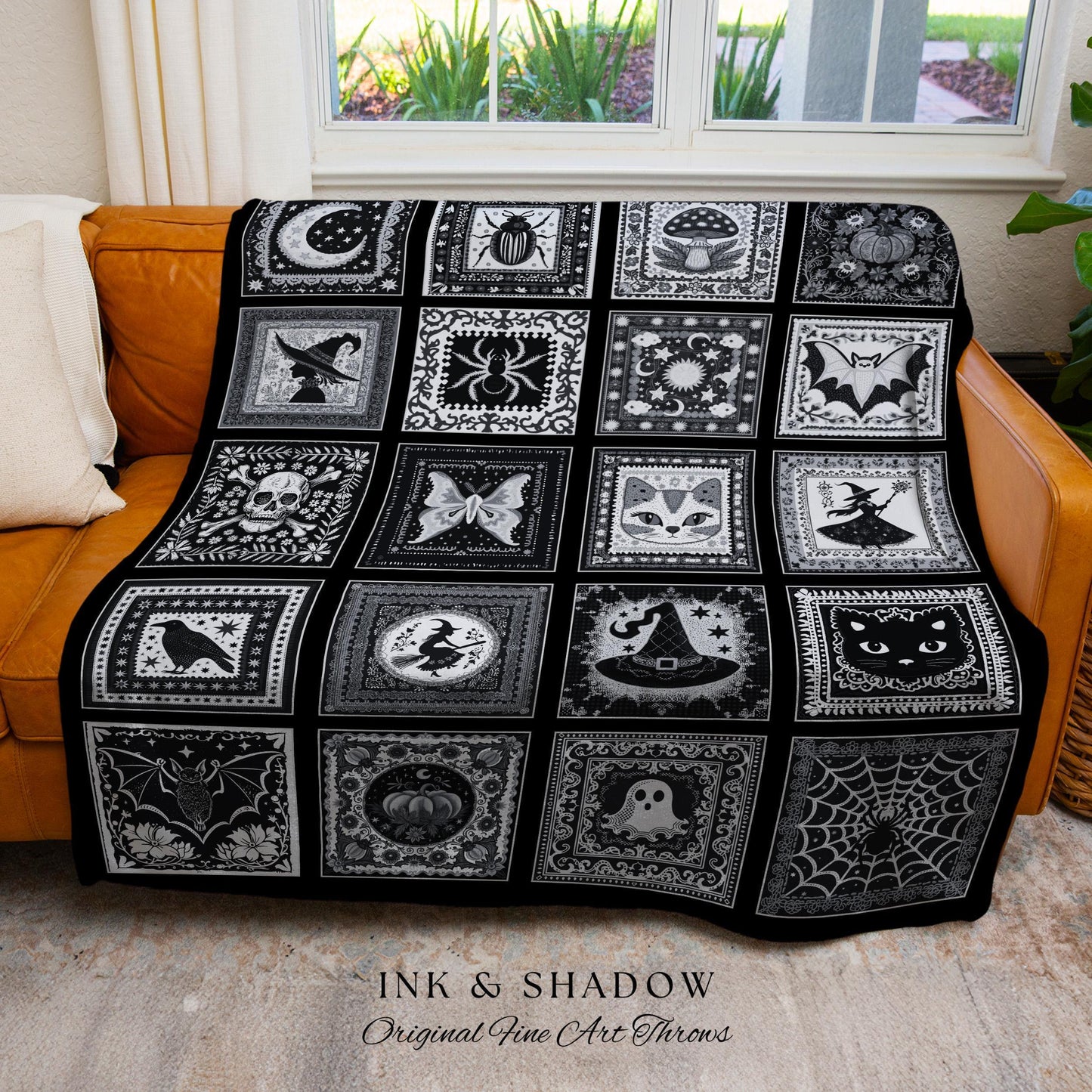 Macabre Witchy Woodland Gothic Woven Throw | Cozy Halloween Checkered Patchwork Tapestry Blanket Spooky Greyscale Mystical Witchcore Decor
