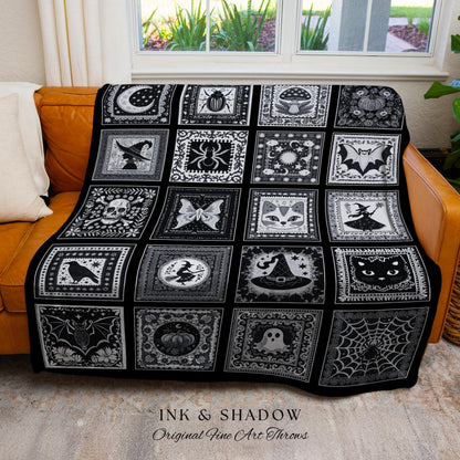 Macabre Witchy Woodland Gothic Woven Throw | Cozy Halloween Checkered Patchwork Tapestry Blanket Spooky Greyscale Mystical Witchcore Decor
