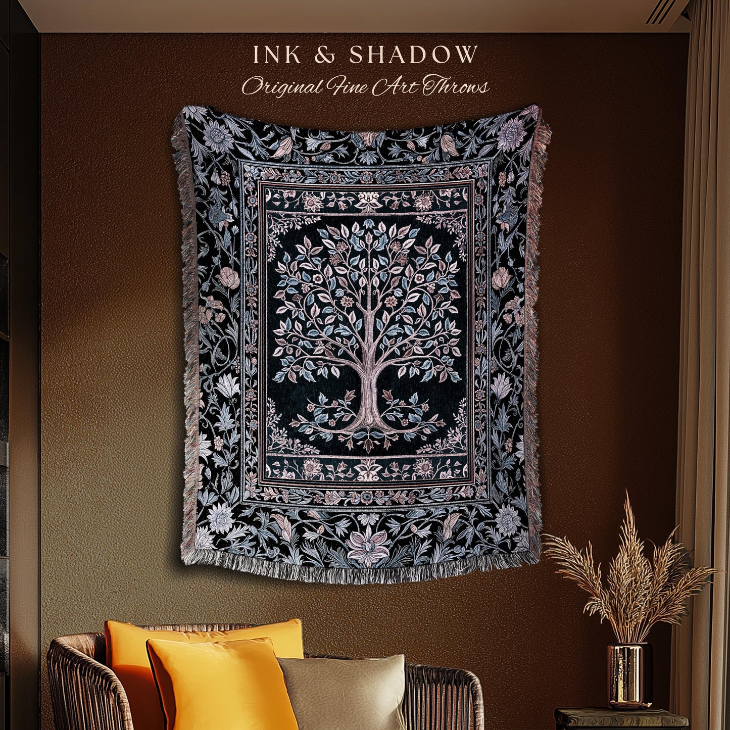 Whimsical Lavender Tree of Life Throw Blanket Woven Cotton Wall Tapestry