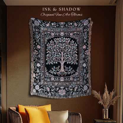 Whimsical Lavender Tree of Life Throw Blanket Woven Cotton Wall Tapestry