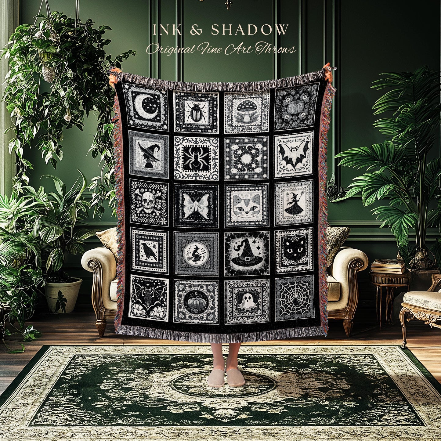 Macabre Witchy Woodland Gothic Woven Throw | Cozy Halloween Checkered Patchwork Tapestry Blanket Spooky Greyscale Mystical Witchcore Decor