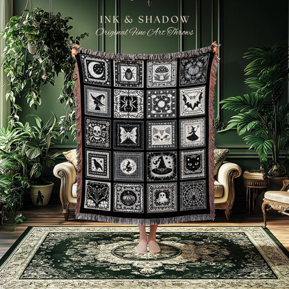 Macabre Witchy Woodland Gothic Woven Throw | Cozy Halloween Checkered Patchwork Tapestry Blanket Spooky Greyscale Mystical Witchcore Decor
