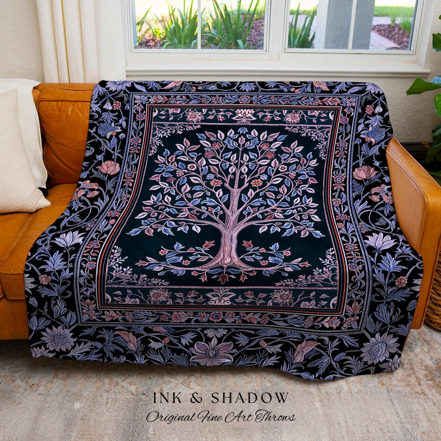 Whimsical Lavender Tree of Life Throw Blanket Woven Cotton Wall Tapestry