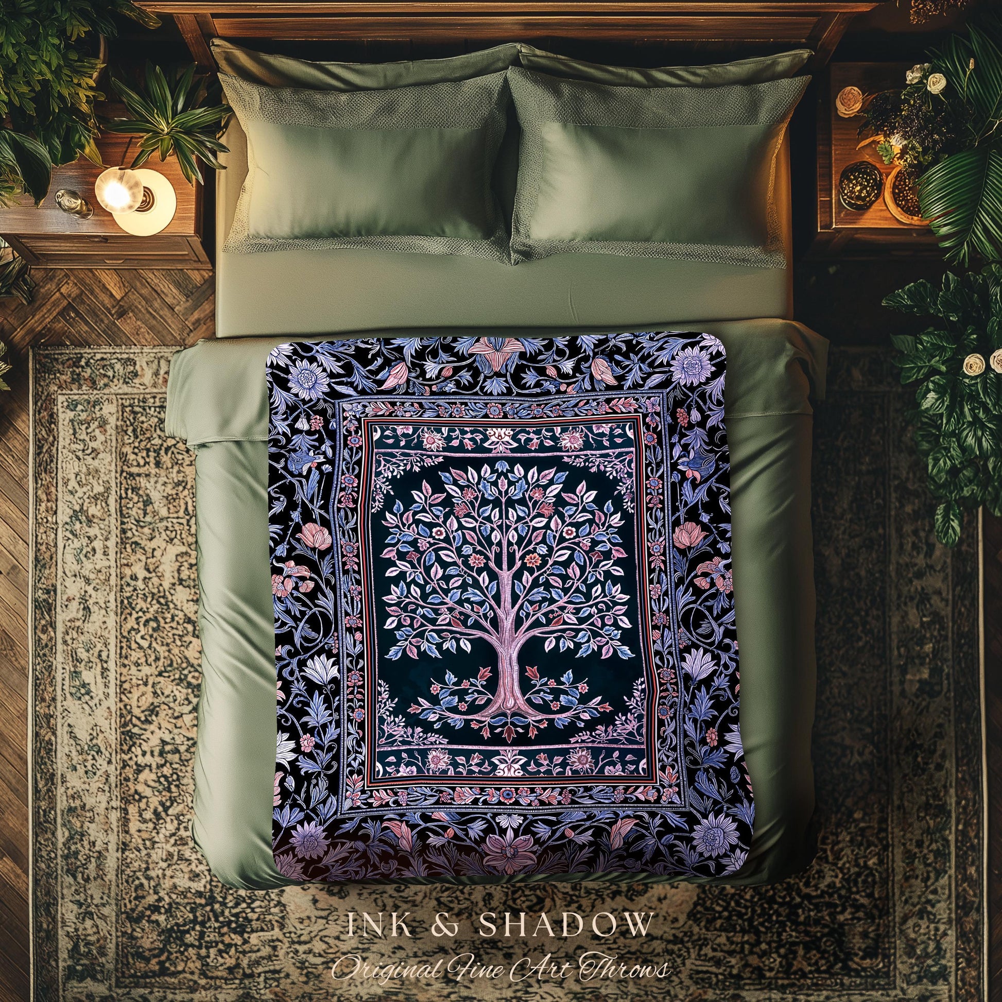 Whimsical Lavender Tree of Life Throw Blanket Woven Cotton Wall Tapestry