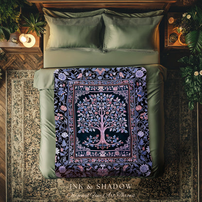 Whimsical Lavender Tree of Life Throw Blanket Woven Cotton Wall Tapestry