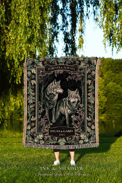 Fairycore Wolf Couple Personalized Woven Blanket | Witchy Woodland Wolf Lovers Throw Dark Floral Aesthetic Cozy Relationship Gothic Forest |