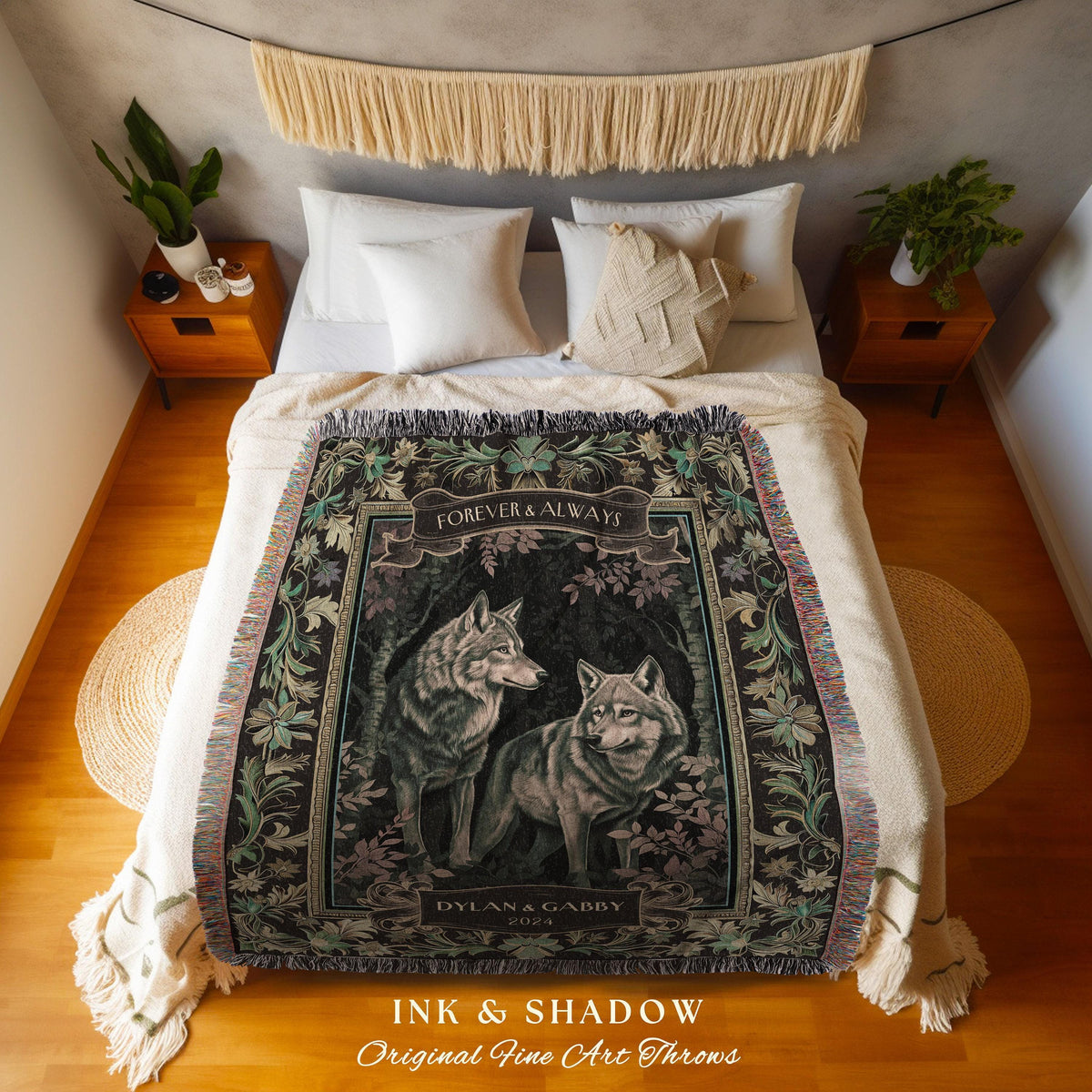 Fairycore Wolf Couple Personalized Woven Blanket | Gothic Forest Witchy Woodland Wolf Lovers Throw Dark Floral Aesthetic Anniversary Gift