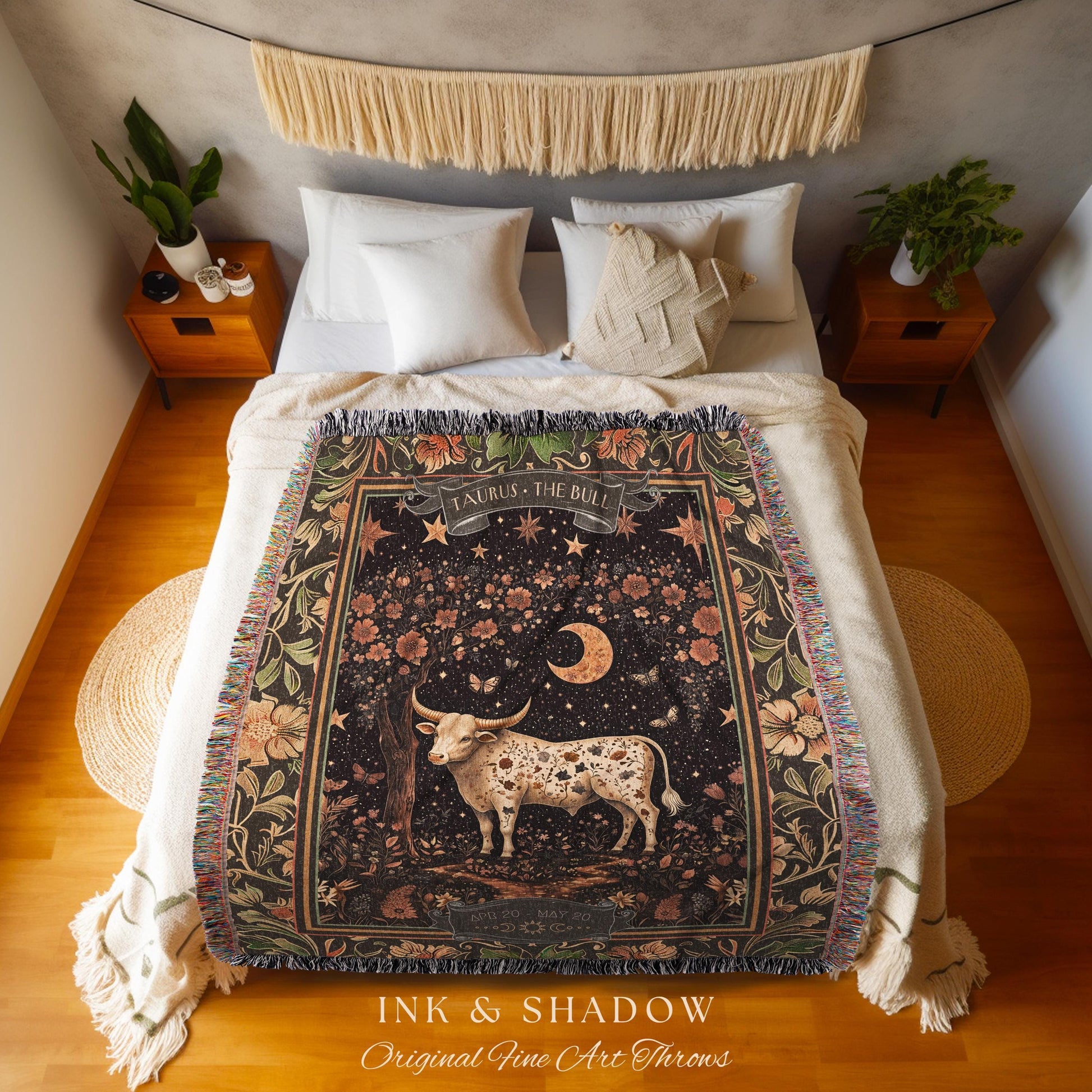 Folklore Vintage Taurus Zodiac Tapestry Blanket Rustic Astrology Gift | The Bull Earth Sign Throw Celestial Botanical Decor for May Birthday